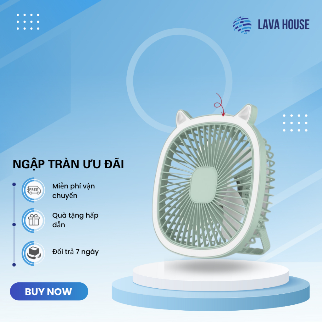 Quạt Tích Điện, Quạt Mini Để Bàn, Treo Tường Hình Tai Mèo, 3 Chế Độ Gió, Tích Hợp Đèn Led Kiêm Đèn Ngủ, Sạc Pin USB