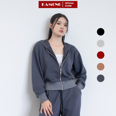 Áo khoác nỉ khoá kéo KAMONG form rộng thu đông croptop trẻ trung A153