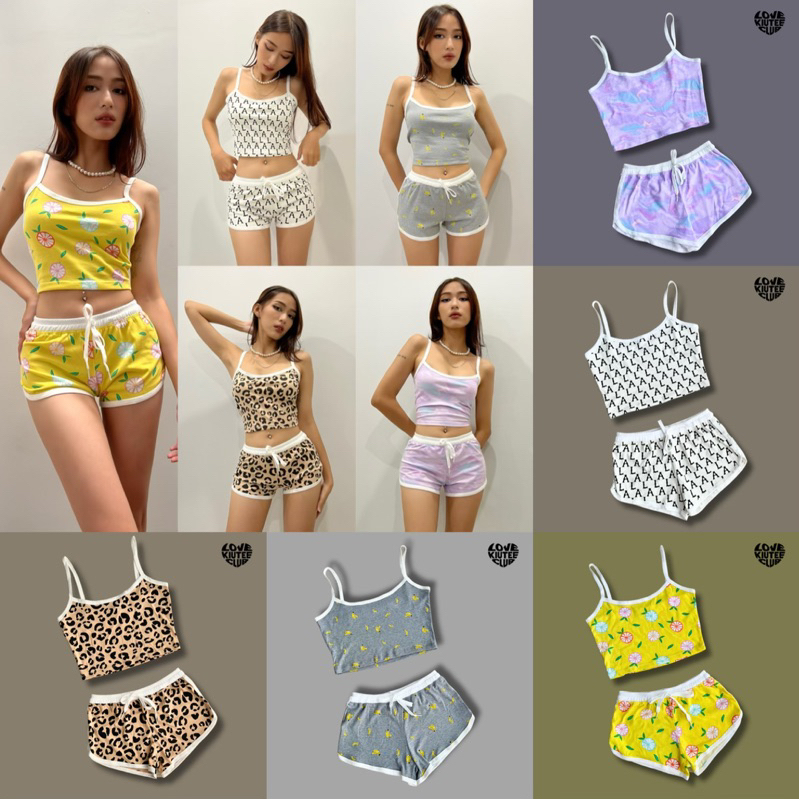 Nguyên bộ áo croptop và quần ngắn hoạ tiết LOVEKIUTEE