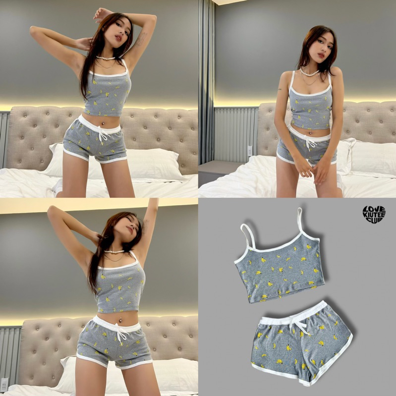 Nguyên bộ áo croptop và quần ngắn hoạ tiết LOVEKIUTEE