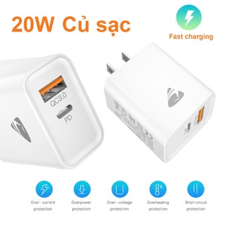 Củ Sạc Nhanh 20W 2 Cổng Chất Lượng Bảo Hành 12 Tháng Cao Cục Sạc USB C Cho iPhone Samsung Huawei Xiaomi Oppo