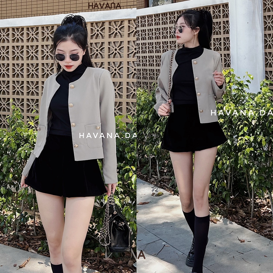 Áo vest blazer nữ cổ tròn dài tay hai túi phối cúc đồng HAVANA BE339