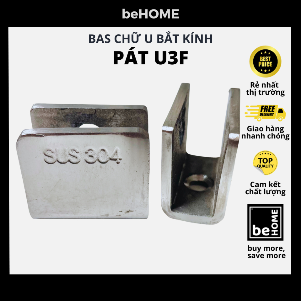 PÁT INOX 304 BẮT KÍNH CHỮ U BẢN 3CM - Bát U 3F inox bắt kệ kính nhà tắm (1 Cái)