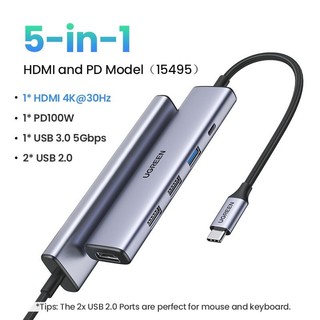 Hub usb type-c 5 trong 1 ra hdmi 4k@30hz, usb 2.0, usb 3.0, sạc pd 100w ugreen 15495 cao cấp
