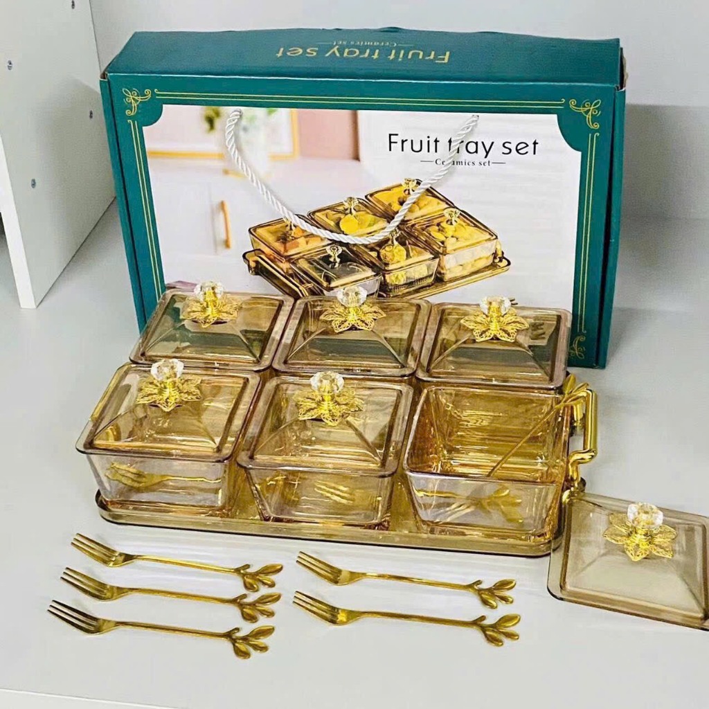 Khay Đựng Mứt Tết 6 Hũ Thủy Tinh Cao Cấp, Hũ Đựng Bánh Kẹo, Các Loại Hạt, Mứt Ngày Tết Cổ Truyền 2024