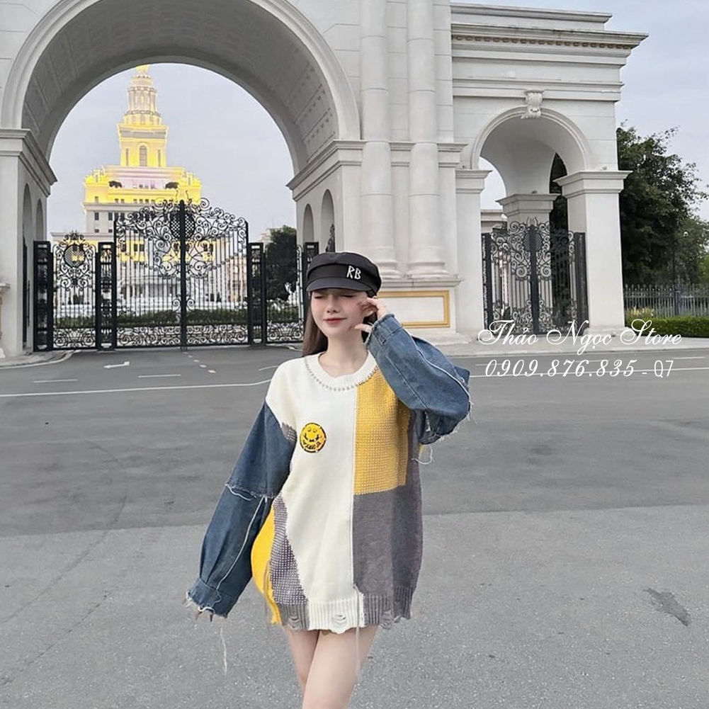 Áo len nữ form rộng tay dài phối jean, áo len phối màu hàng nhập!  THẢO NGỌC STORE