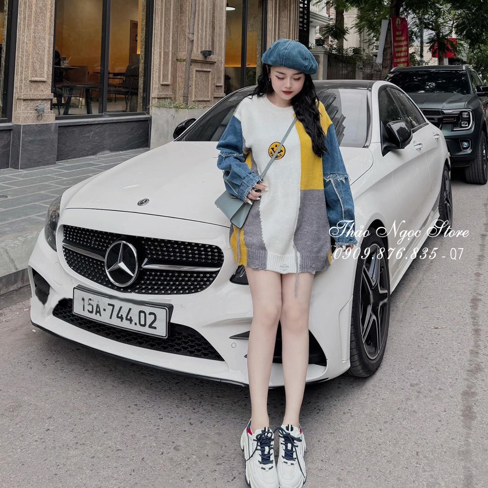 Áo len nữ form rộng tay dài phối jean, áo len phối màu hàng nhập!  THẢO NGỌC STORE