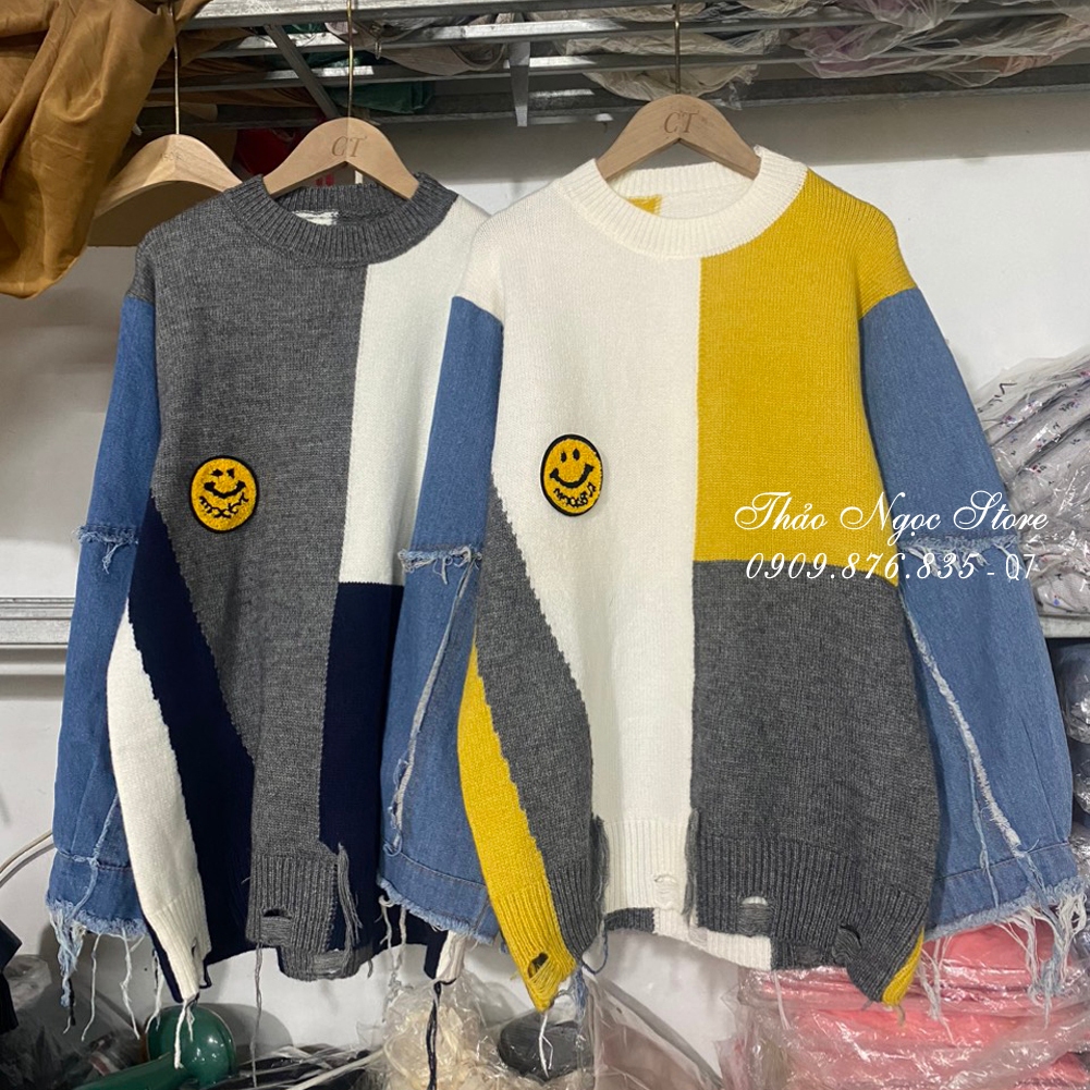 Áo len nữ form rộng tay dài phối jean, áo len phối màu hàng nhập!  THẢO NGỌC STORE
