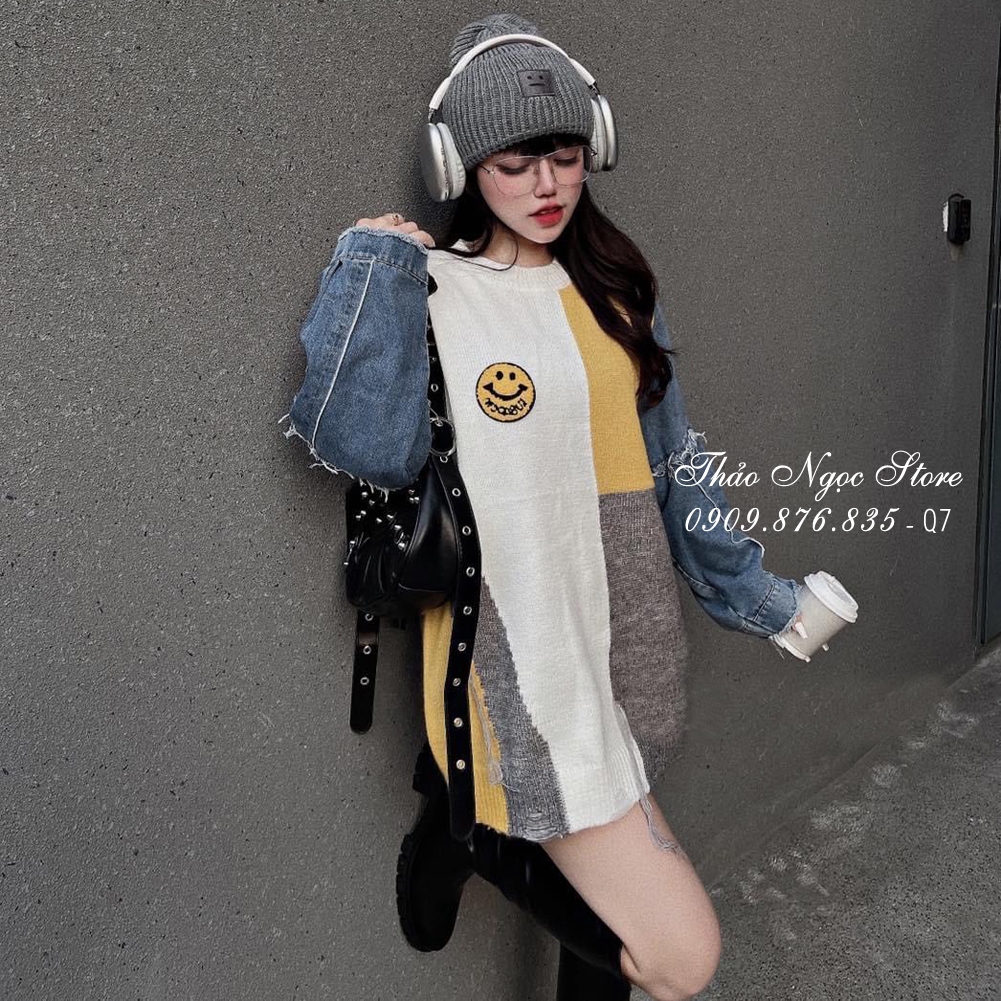 Áo len nữ form rộng tay dài phối jean, áo len phối màu hàng nhập!  THẢO NGỌC STORE