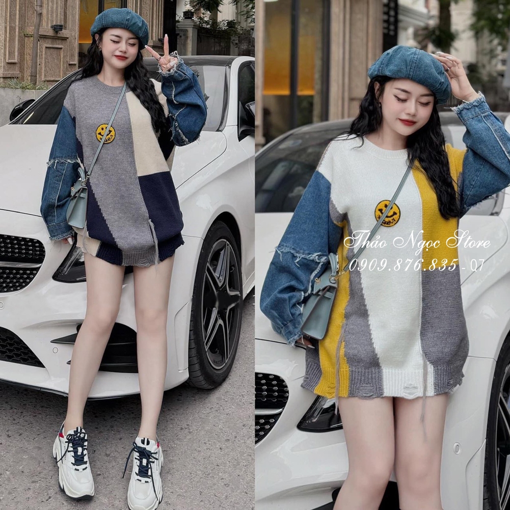 Áo len nữ form rộng tay dài phối jean, áo len phối màu hàng nhập!  THẢO NGỌC STORE