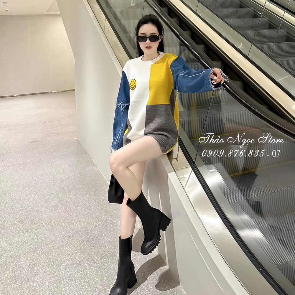 Áo len nữ form rộng tay dài phối jean, áo len phối màu hàng nhập!  THẢO NGỌC STORE