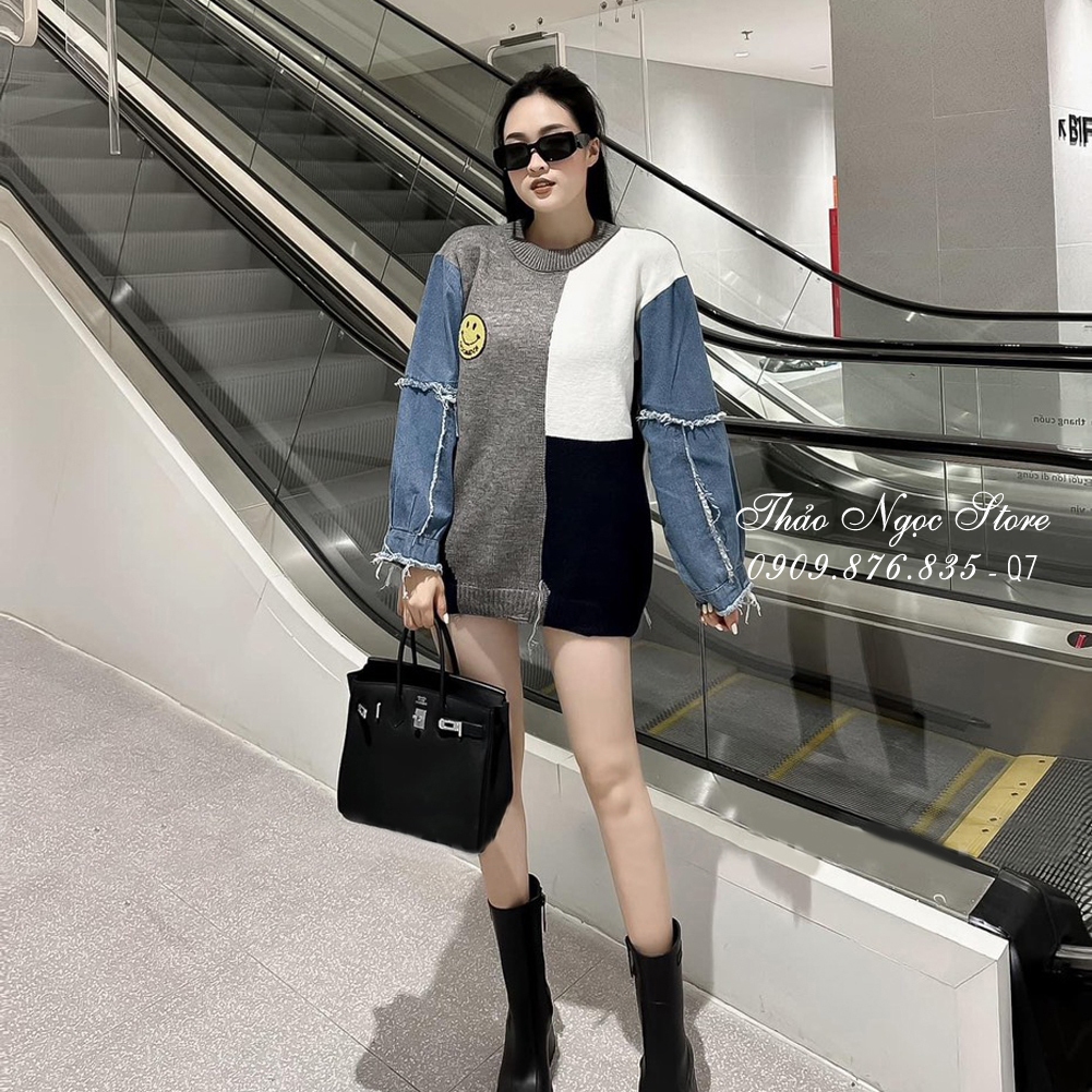 Áo len nữ form rộng tay dài phối jean, áo len phối màu hàng nhập!  THẢO NGỌC STORE