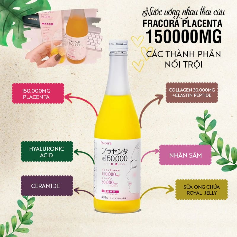 Nước uống Collagen Fracora Placenta 480ml, nước uống giúp căng bóng và trắng da