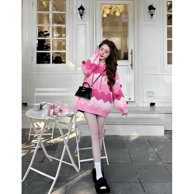 Áo Hoodie Len Gấu Dâu Siêu Dễ Thương QC L1