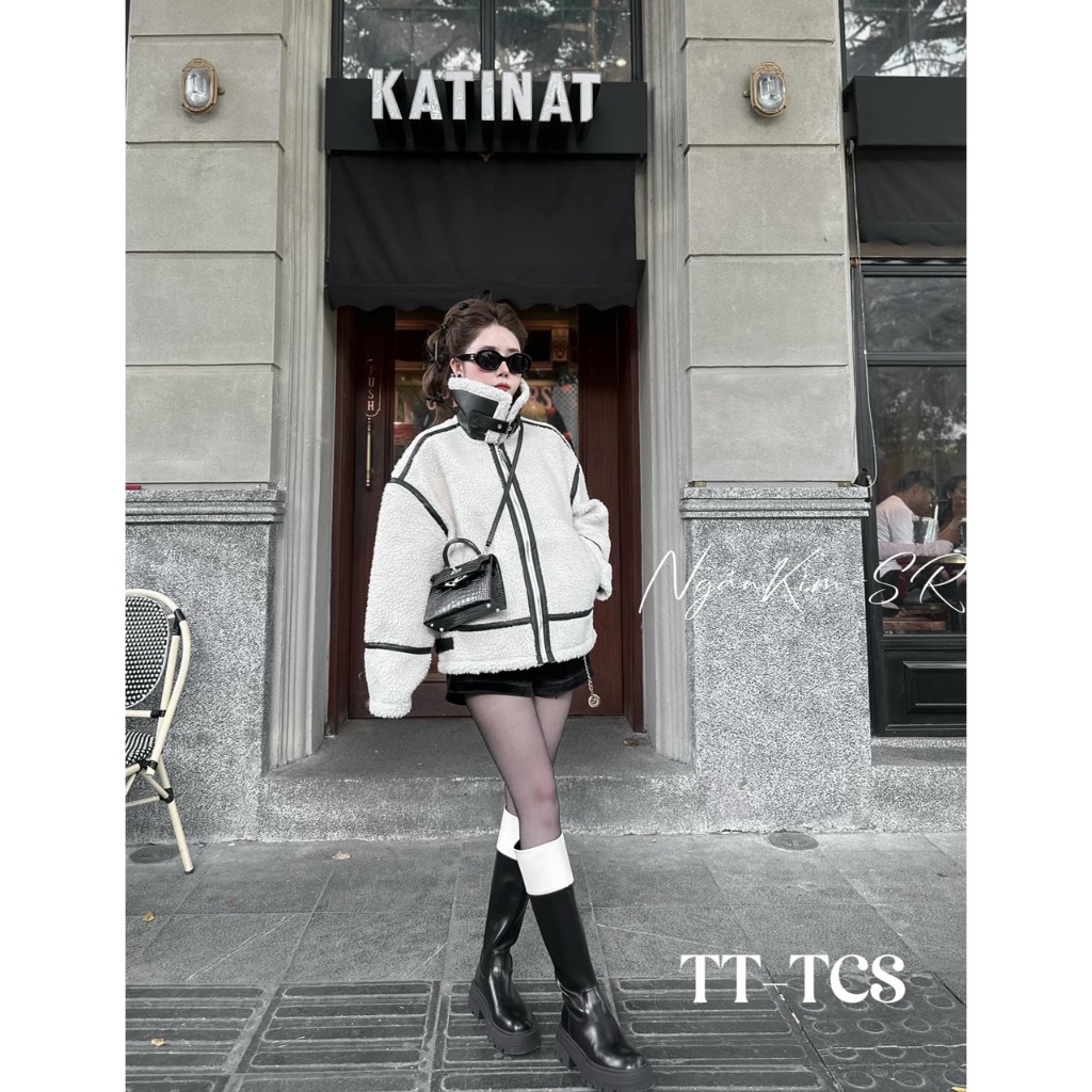 Áo khoác lông cừu hoạ tiết kẻ tay rộng Áo khoác lông dày dặn MOONYHANOI DAP