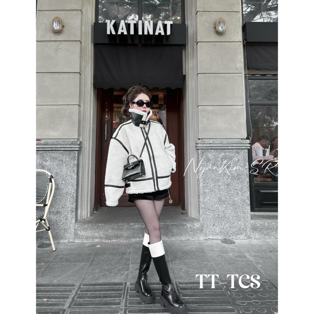 Áo khoác lông cừu hoạ tiết kẻ tay rộng Áo khoác lông dày dặn MOONYHANOI DAP