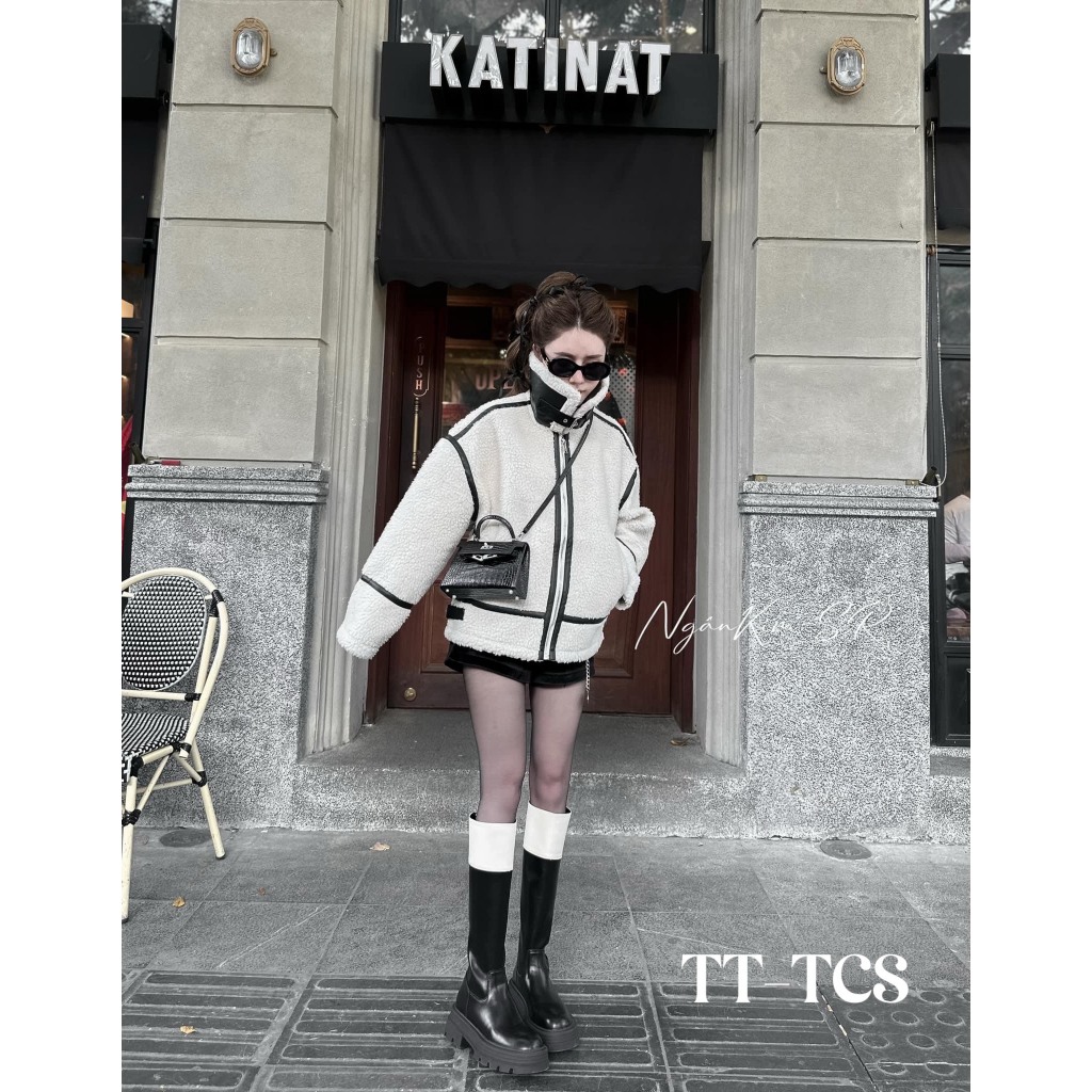 Áo khoác lông cừu hoạ tiết kẻ tay rộng Áo khoác lông dày dặn MOONYHANOI DAP