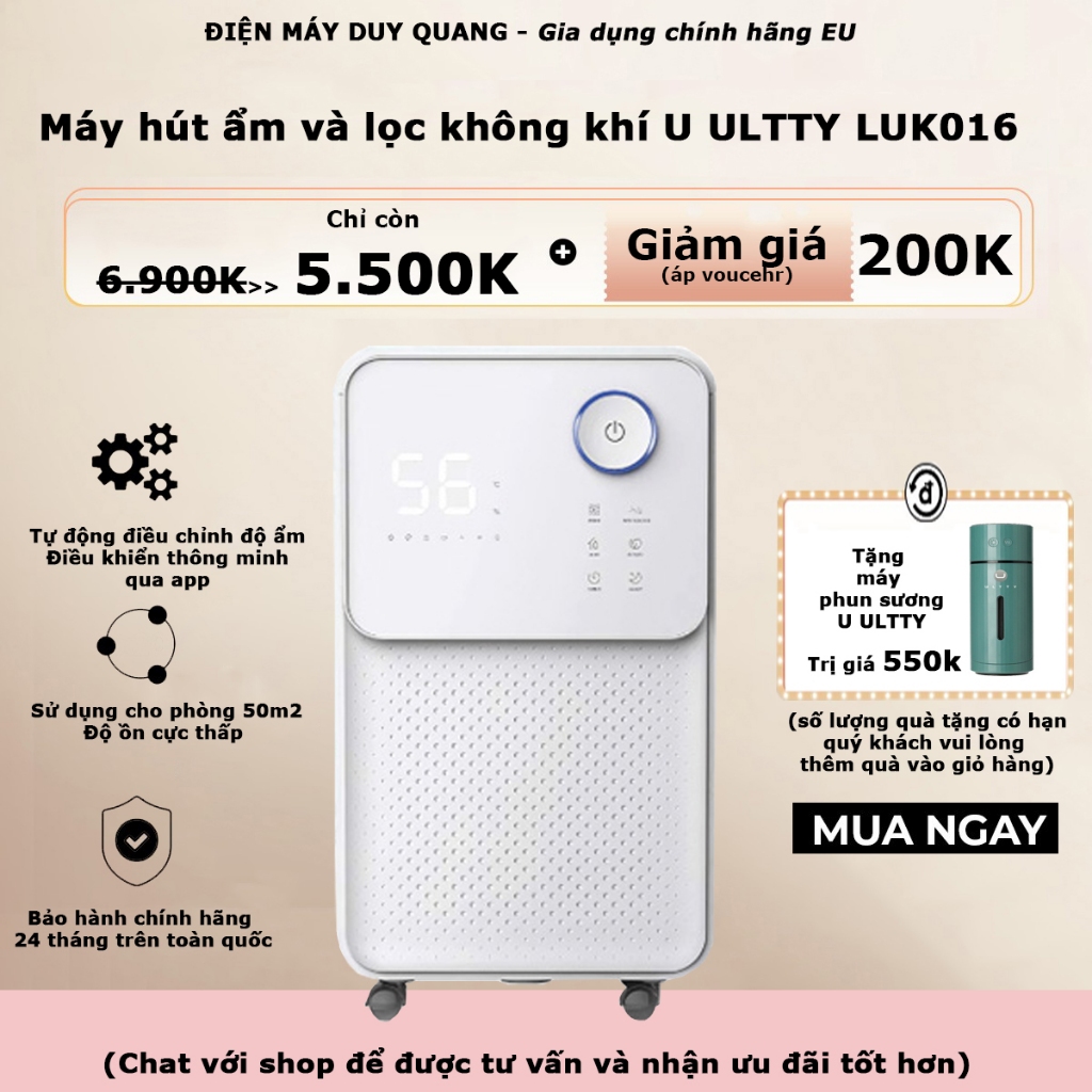 Máy lọc không khí và máy hút ẩm U-ULTTY LUK016 tự động cân bằng độ ẩm dùng cho phòng 50m2