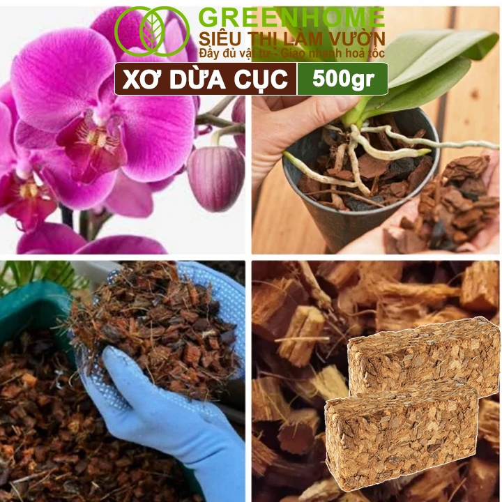 Xơ Dừa Cục Greenhome, Viên 500gr, Sơ Dừa Nén, Nở Gấp 5 Lần, Kích Thích Rễ, Thoát Nước Tốt Giá Thể Kiểng Lá, Phong Lan