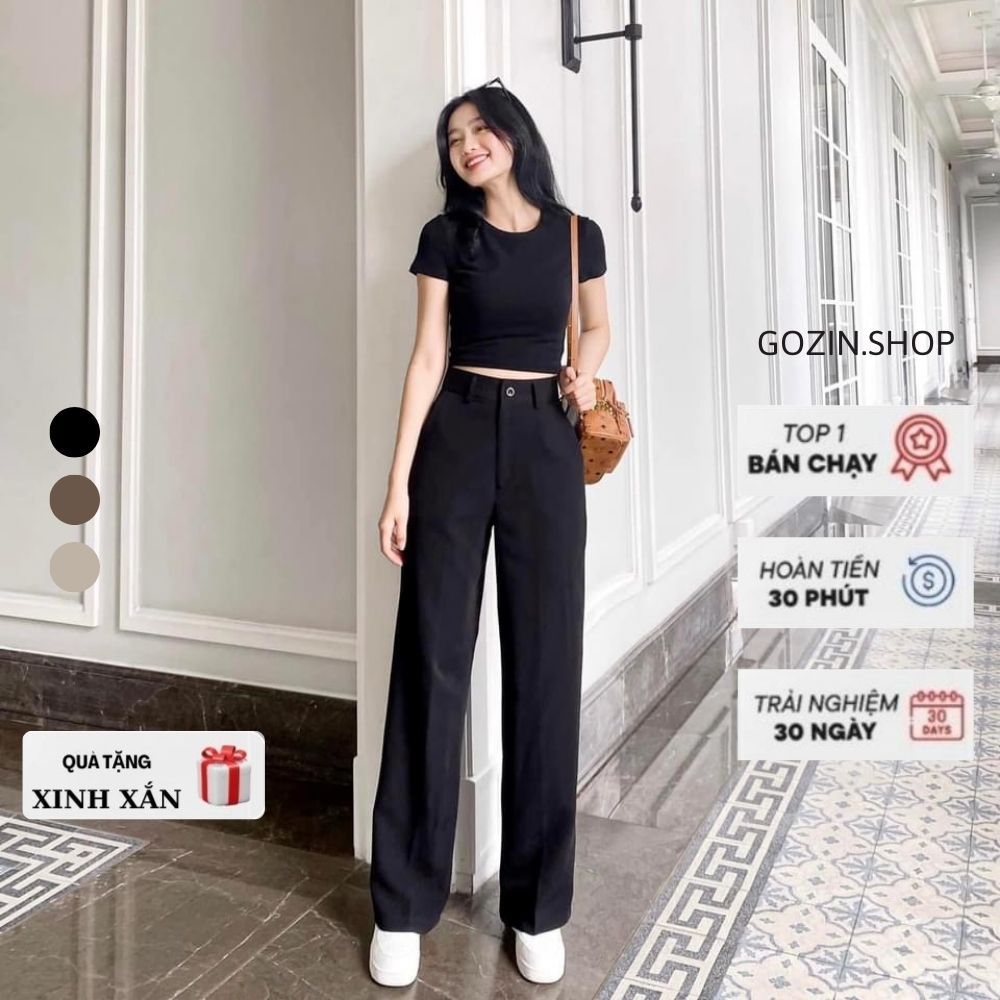 Quần Ống Suông nữ GOZIN.SHOP, quần suông nữ lưng cao khóa trước 1 và 2 khuy vải vitex hàng quảng châu hót