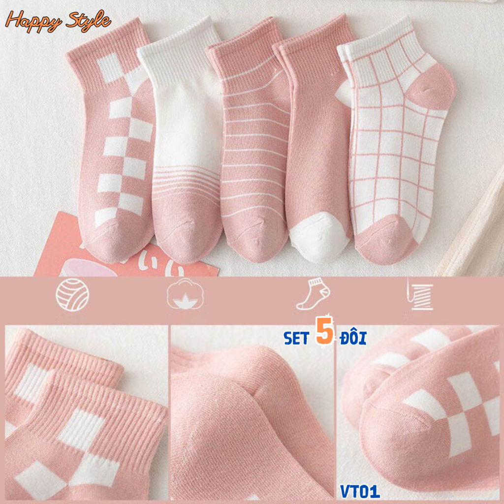 Tất Vớ Cổ Ngắn Sét 5 Đôi Tất Chân Nam Nữ Họa Tiết Kẻ Sọc Chất Cotton Co Giãn VT01