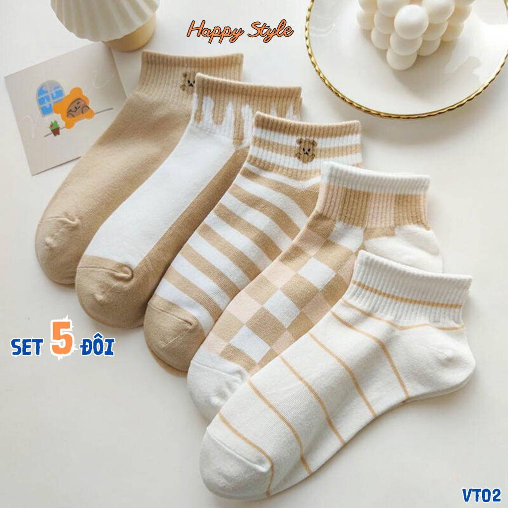Tất Vớ Cổ Ngắn Sét 5 Đôi Tất Chân Nam Nữ Họa Tiết Gấu Kẻ Sọc Chất Cotton Co Giãn VT02