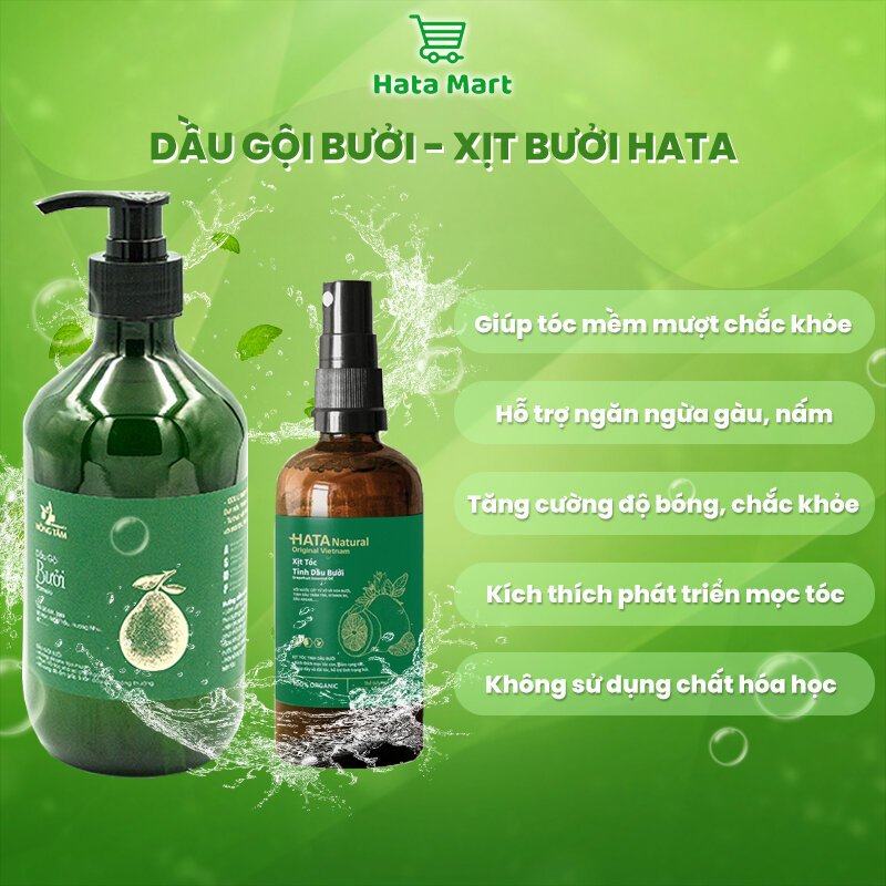 COMBO Dầu gội bưởi kèm Xịt tóc tinh dầu bưởi HATA, kích thích mọc tóc, mềm mượt, chắc khỏe