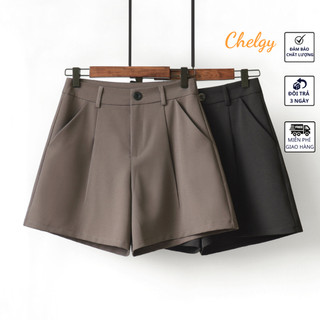 Quần Short nữ cạp cao Chelgy form rộng, quần đùi sooc vải cao cấp chống nhăn cạp liền basic có túi Nâu, Đen CG-QSCL101