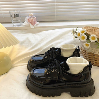 Giày nữ ulzzang đế cao 5cm buộc dây hai màu đưn bóng đen nhám