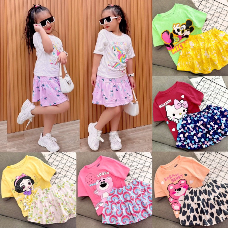 11-23kg sét áo và chân váy kèm quần bên trong bé gái - thun coton xuất mềm mịn đẹp thoáng mát - đầm váy bé gái 701
