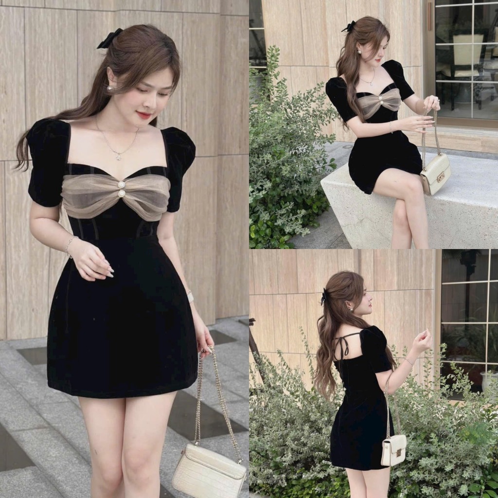 Đầm váy nữ dự tiệc họa tiết nơ ngực sang chảnh phối lưới họa tiết cột dây sau lưng thanh lịch quý phái