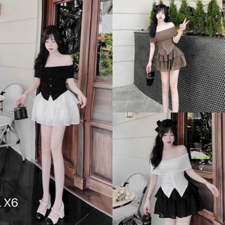  Sét bộ nữ áo voan trễ vai sang chảnh phối gân đóng nút mix chân váy xếp tầng xinh xắn tôn dáng dự tiệc đi chơi
