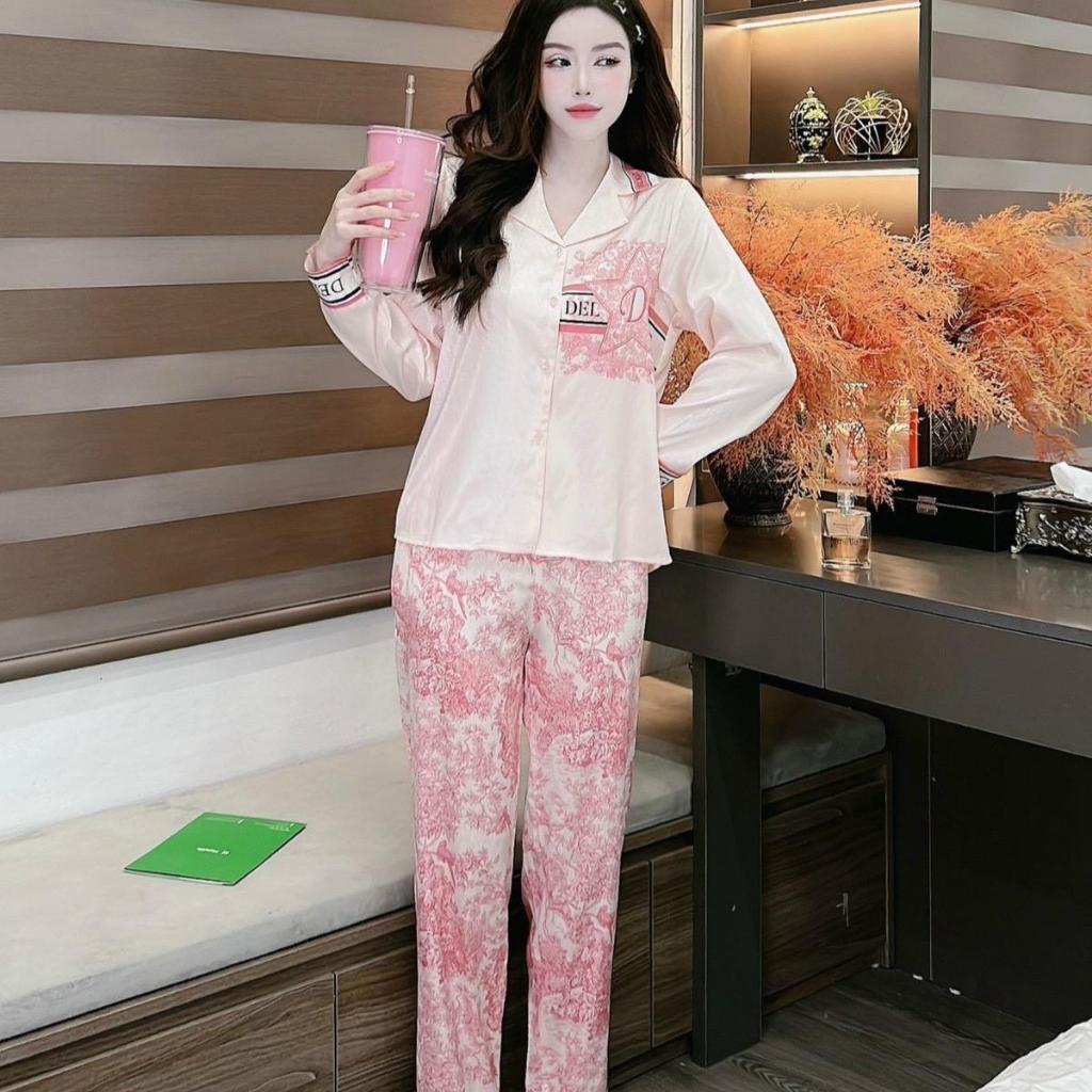 Bộ đồ ngủ Pijama nữ Lụa xước quần dài tay dài thoáng mát T.O official store mv180