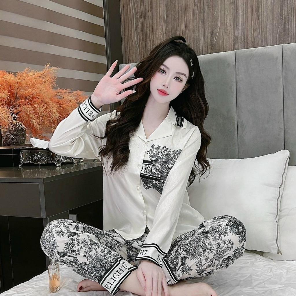 Bộ đồ ngủ Pijama nữ Lụa xước quần dài tay dài thoáng mát T.O official store mv180