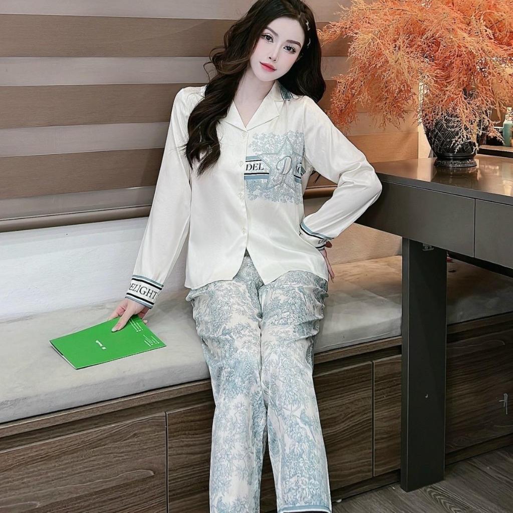Bộ đồ ngủ Pijama nữ Lụa xước quần dài tay dài thoáng mát T.O official store mv180