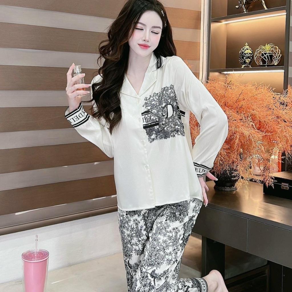 Bộ đồ ngủ Pijama nữ Lụa xước quần dài tay dài thoáng mát T.O official store mv180