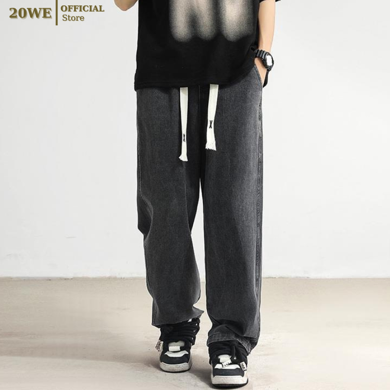 Quần jean chun nam màu đen xám ống suông dáng rộng QC01, Quần Đai Chun, Dây Rút Bản To Phong Cách Hàn Quốc 20WE by 2023