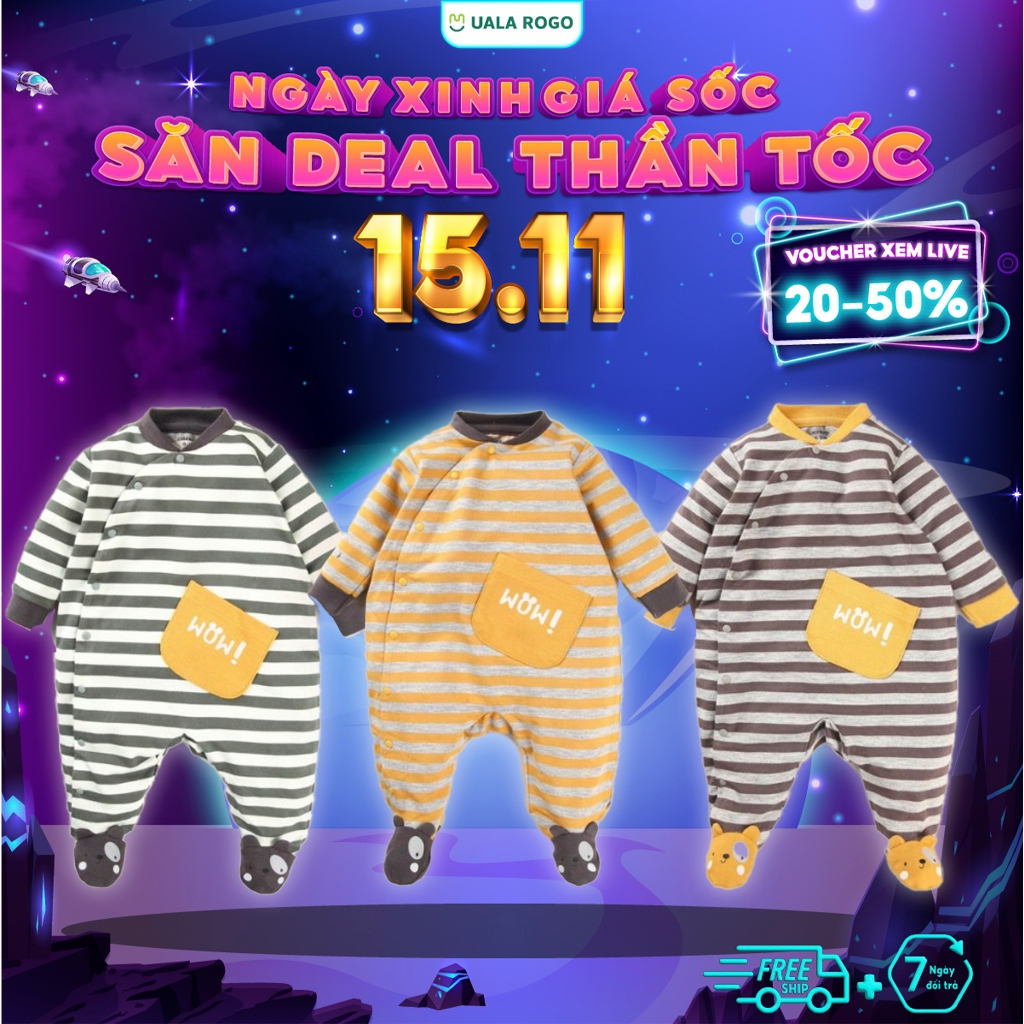 Bodysuit cho bé sơ sinh Ualarogo 0 - 6 tháng liền chân cúc chéo vải Cotton Nỉ mềm mại ấm áp co giãn thoáng khí 3680