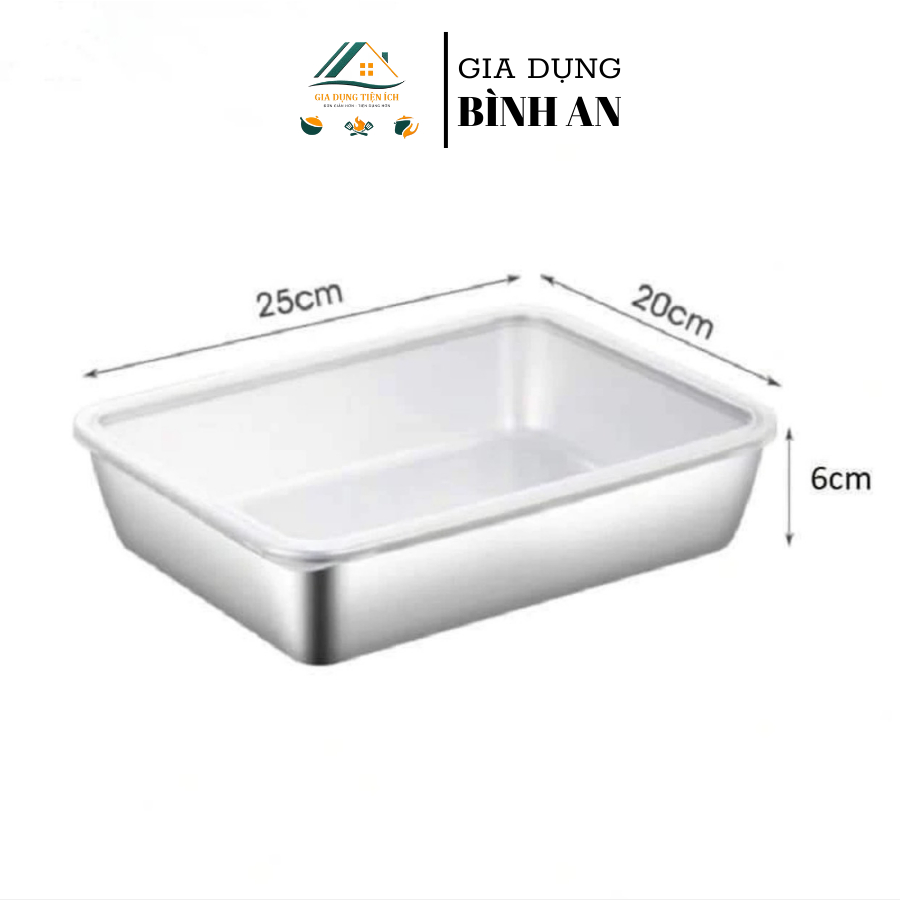Hộp đựng thức ăn inox 304 size lớn có nắp đậy, khay inox chữ nhật đựng thực phẩm không gỉ