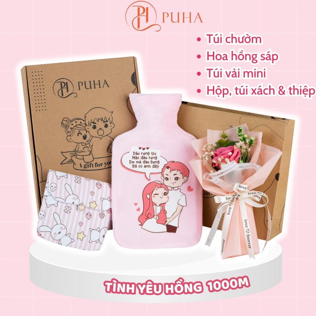 Túi chườm nóng bụng kinh PUHA 1000ml phiên bản Love You hộp quà tặng bạn gái có hoa hồng sáp