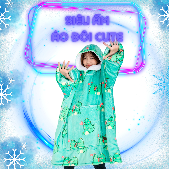 Áo Hoodie đôi nam nữ siêu ấm áp dáng oversize độc đáo với họa tiết khủng long xanh lá | Áo chăn bông | Mùa đông ấm áp