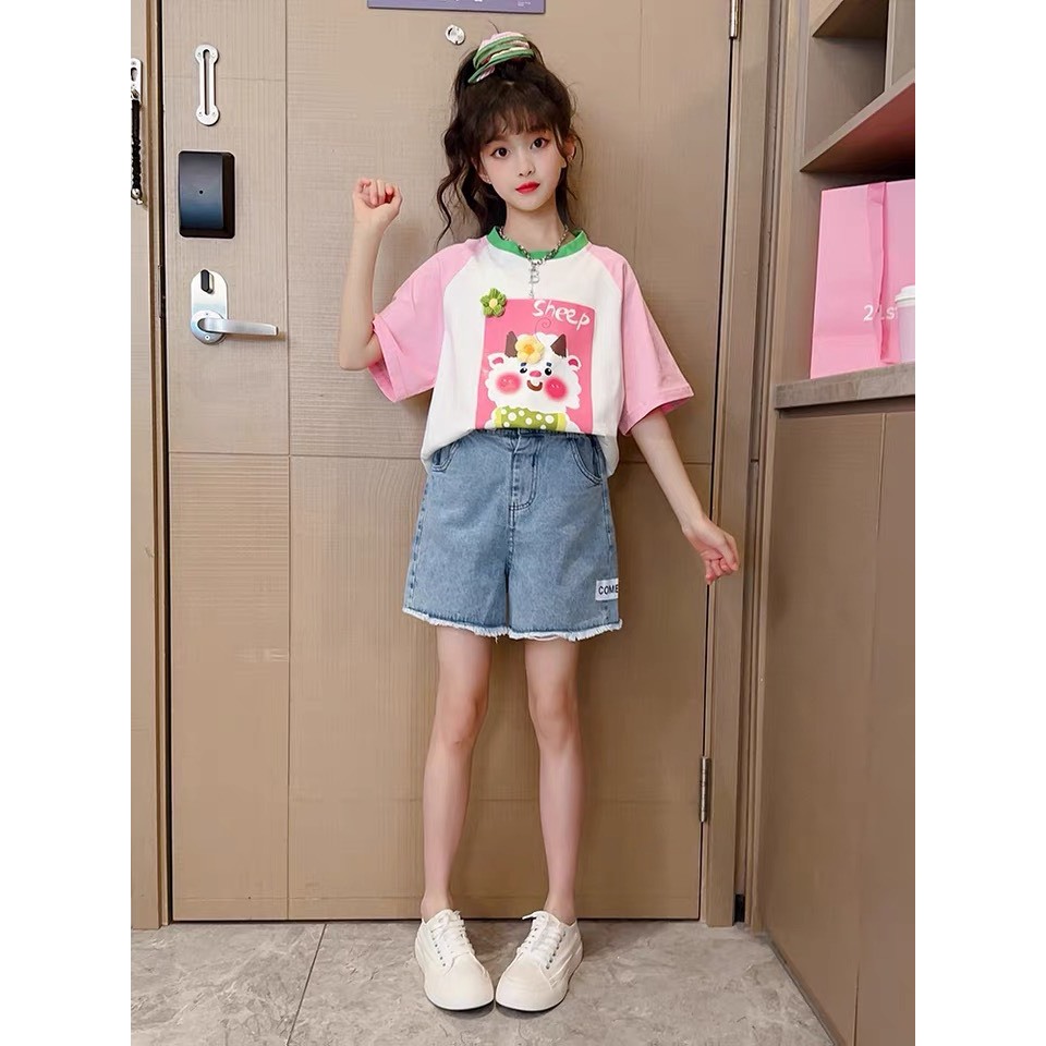 Áo Thun Cotton Tay Phối Hình Cừu Dễ Thương  Dành Cho Bé Gái