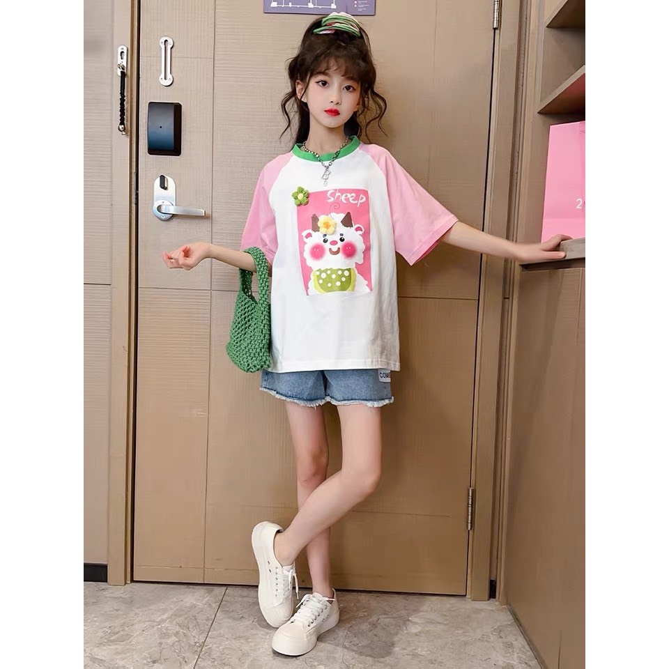 Áo Thun Cotton Tay Phối Hình Cừu Dễ Thương  Dành Cho Bé Gái