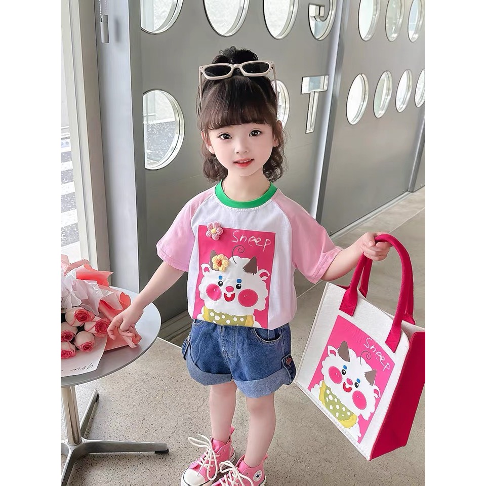 Áo Thun Cotton Tay Phối Hình Cừu Dễ Thương  Dành Cho Bé Gái