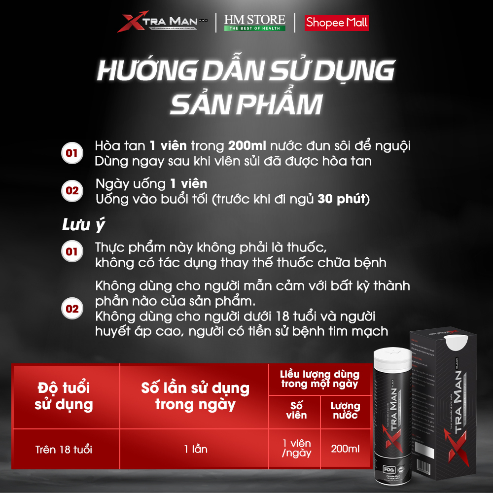 COMBO 3 [TẶNG 3] Xtraman Black - Viên sủi cải thiện sinh lý nam giới, Kéo dài thời gian quan hệ, chống xuất tinh sớm