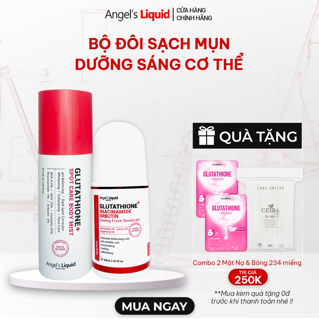 Bộ Sản Phẩm Lăn Nách Mờ Thâm và Xịt Giảm Mụn Lưng Dưỡng Trắng Cơ Thể Angel's Liquid Glutathione Plus Niacinamide