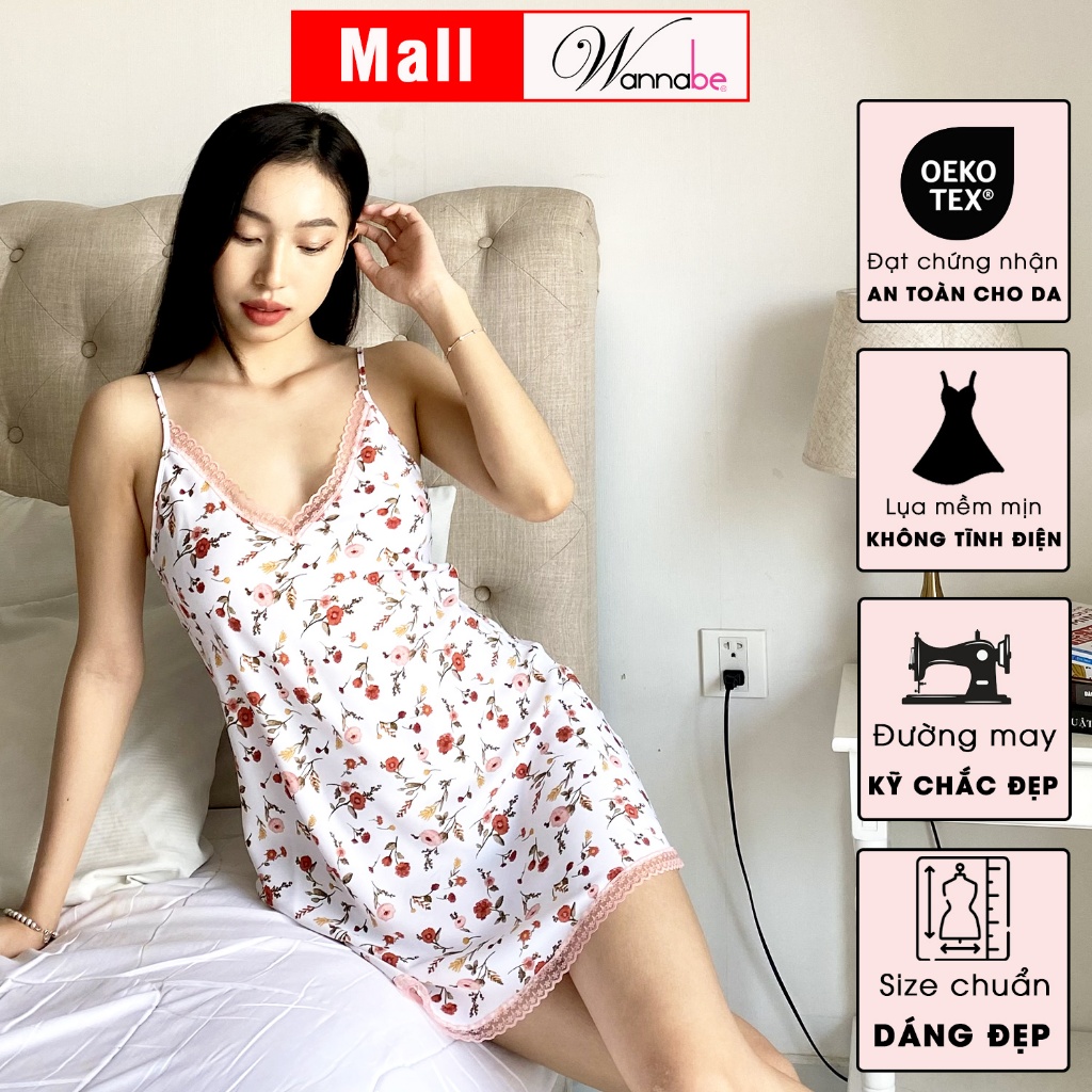 Đồ ngủ nữ Wannabe DNS74 đầm ngủ hai dây cổ tim nền hoa xinh xắn trang nhã