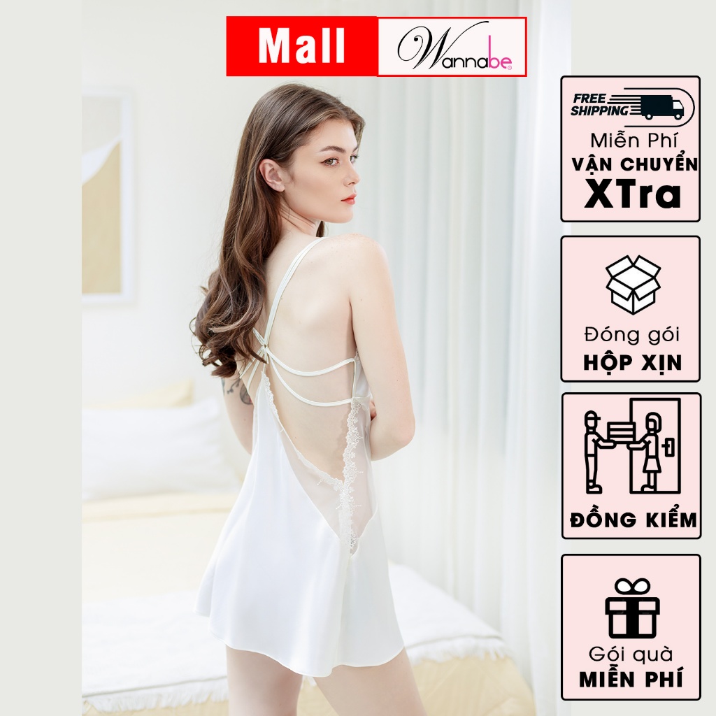 Đầm ngủ lụa WANNABE DNS42 váy ngủ cut-out eo, lưng phối ren trang trí 6 dây đan khoe lưng vai eo quyến rũ của bạn gái