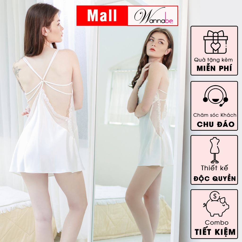 Đầm ngủ lụa WANNABE DNS42 váy ngủ cut-out eo, lưng phối ren trang trí 6 dây đan khoe lưng vai eo quyến rũ của bạn gái