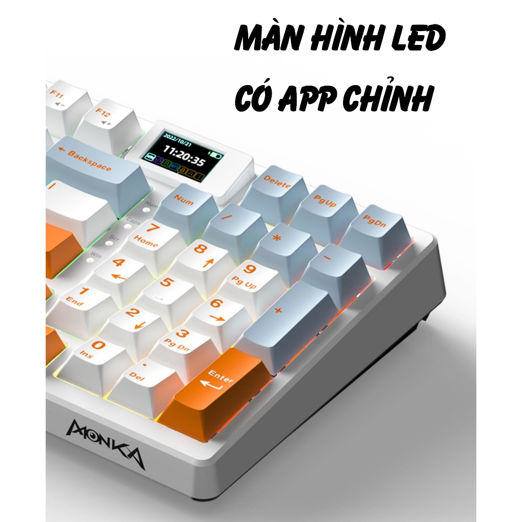 Bàn Phím Cơ Không Dây MONKA 3098 LED RGB -Hotswap 5pin - 3 Chế độ - Có Màn Hình - Mạch Xuôi - Full Size